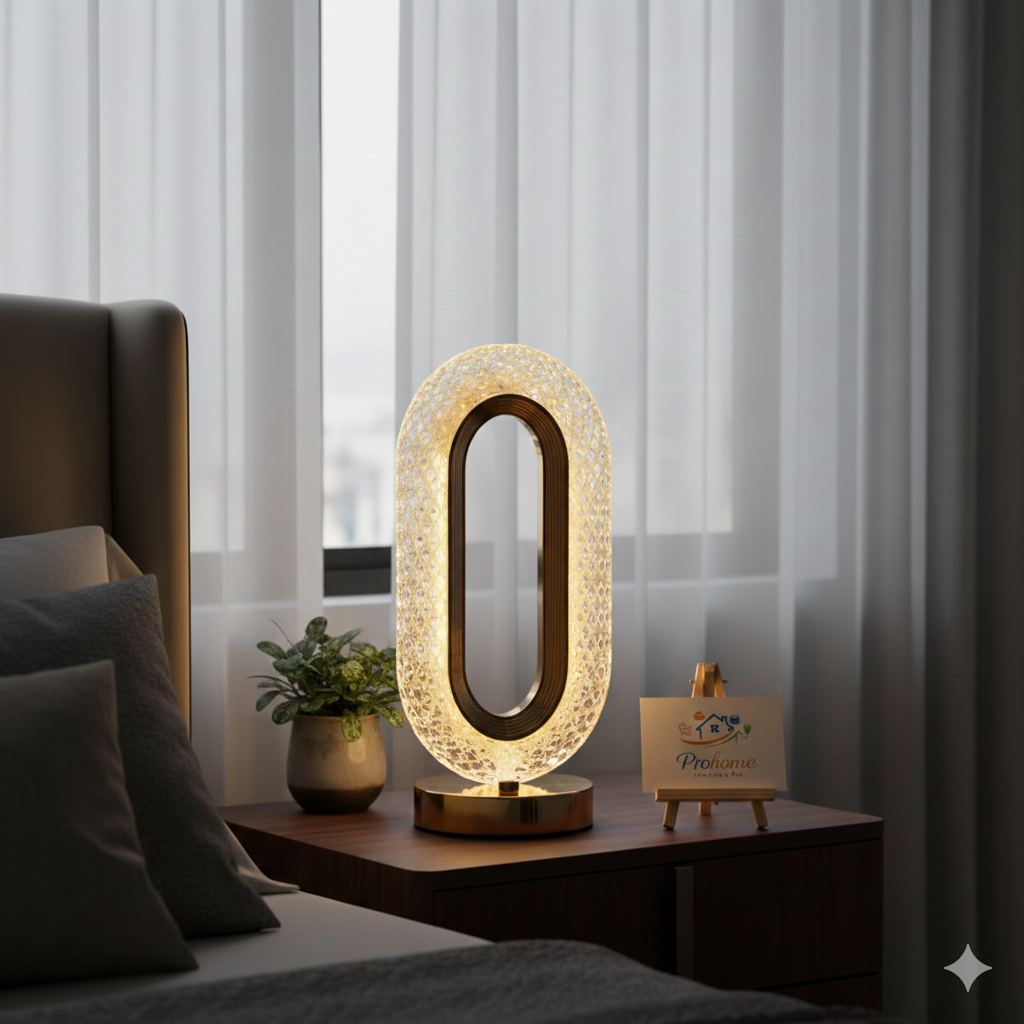 Modern Crystal Halo Bedside Lamp – Oval LED Table Light with Golden Base