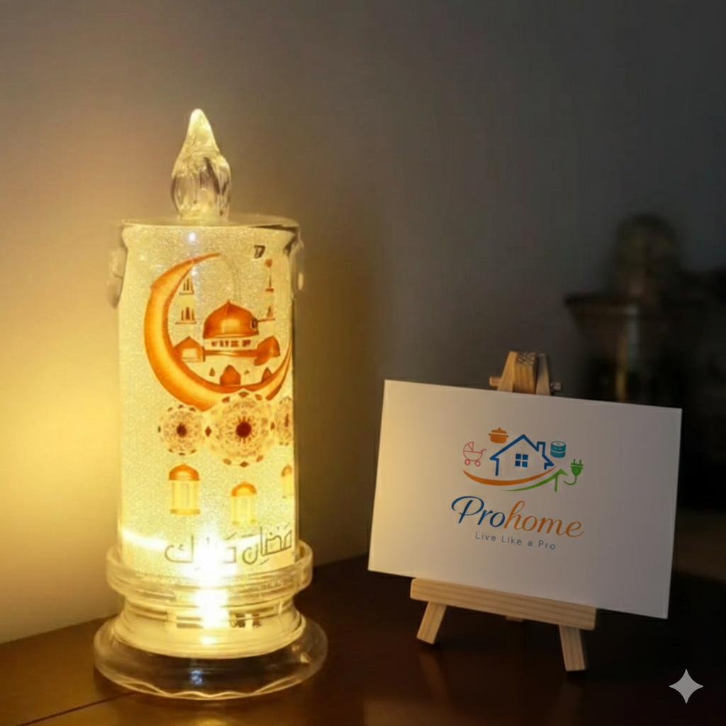Ramadan Mubarak LED Glitter Candle – Warm Golden Glow Decor