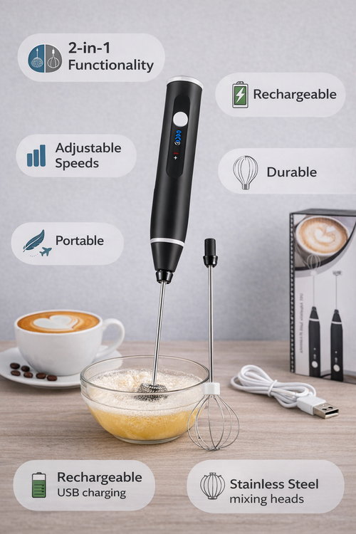 2 in 1 Rechargeable Coffee Beater & Egg Beater Milk Stirring Handheld Multipurpose Beater